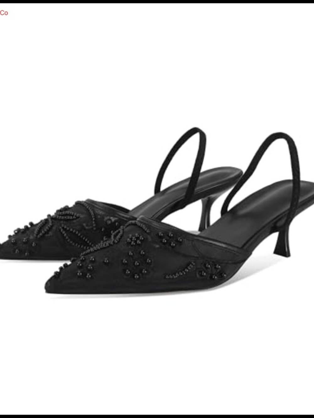 Kitten Heel Slingback Sandals Embroidered Mesh Pearls Pointed Toe Women's
